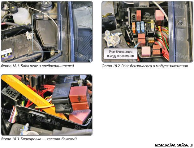  Дополнительную блокировку (бензонасос и модуль зажигания) можно выполнить под капотом Renault Sandero в блоке реле и предохранителей